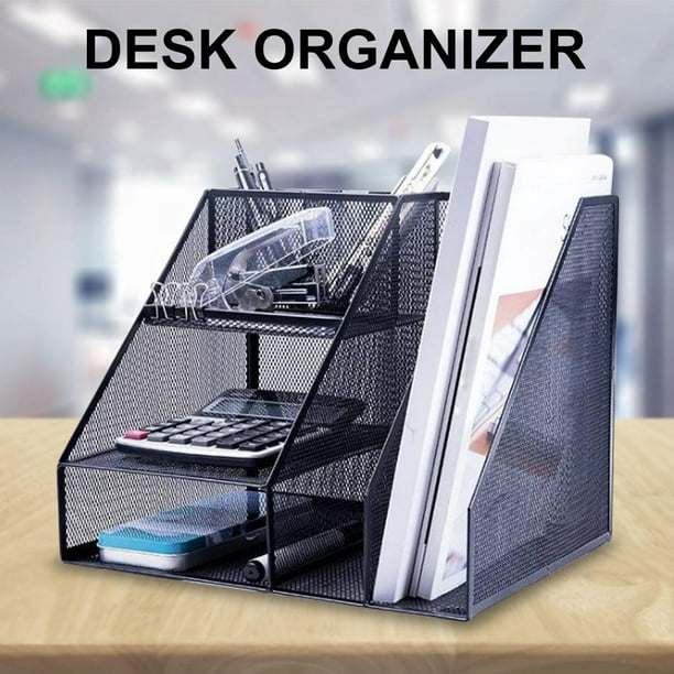 Space-Saving Functionality for Office Home Use 7-Trays Vertical Document Letter Tray Wall File Holder with Pen Holder Durable Steel Mesh Construction Funarrow Mesh Desk Organizer